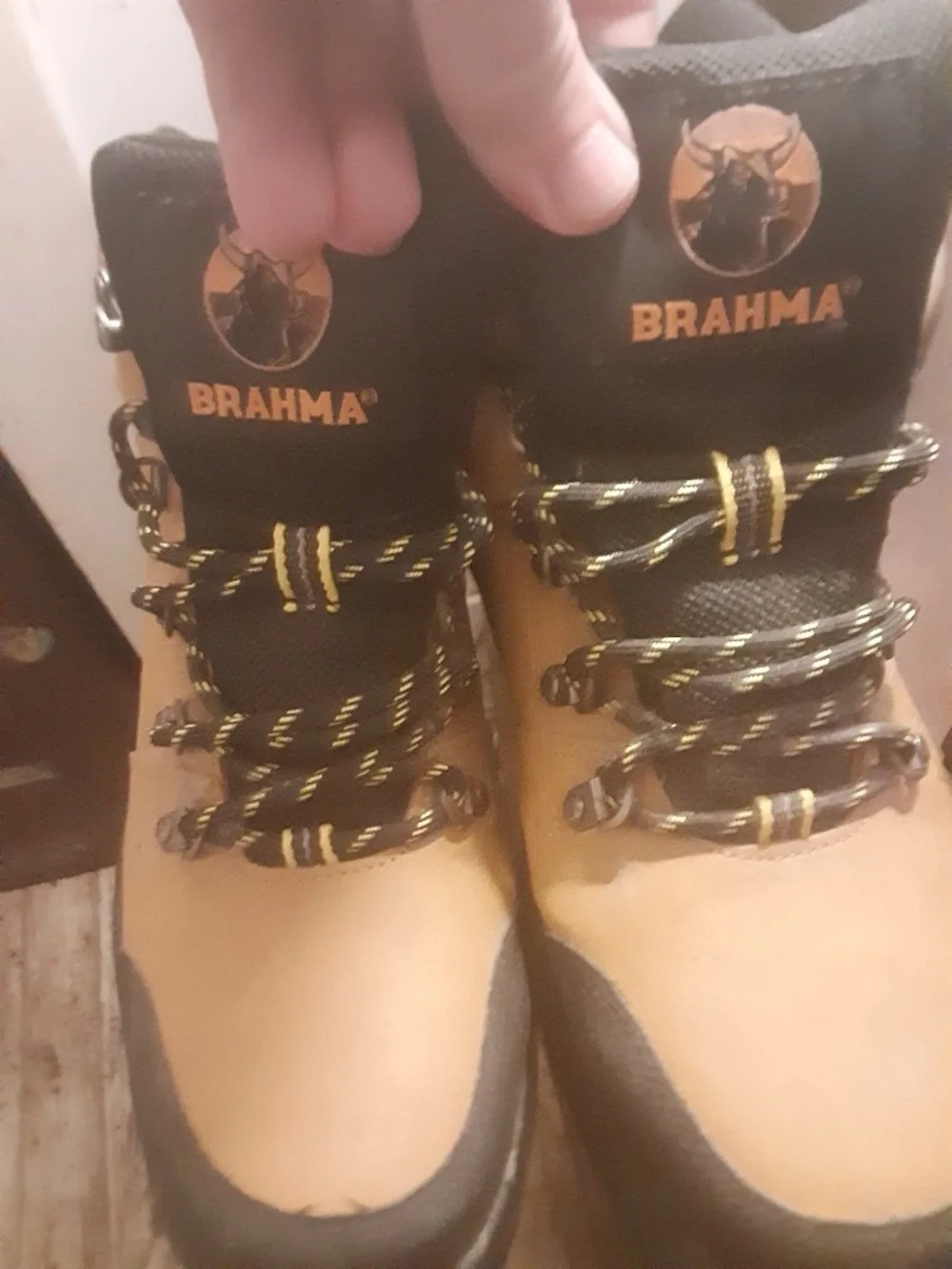 Brahma Work Boots in Wheat and Black with Yellow-Accented Laces